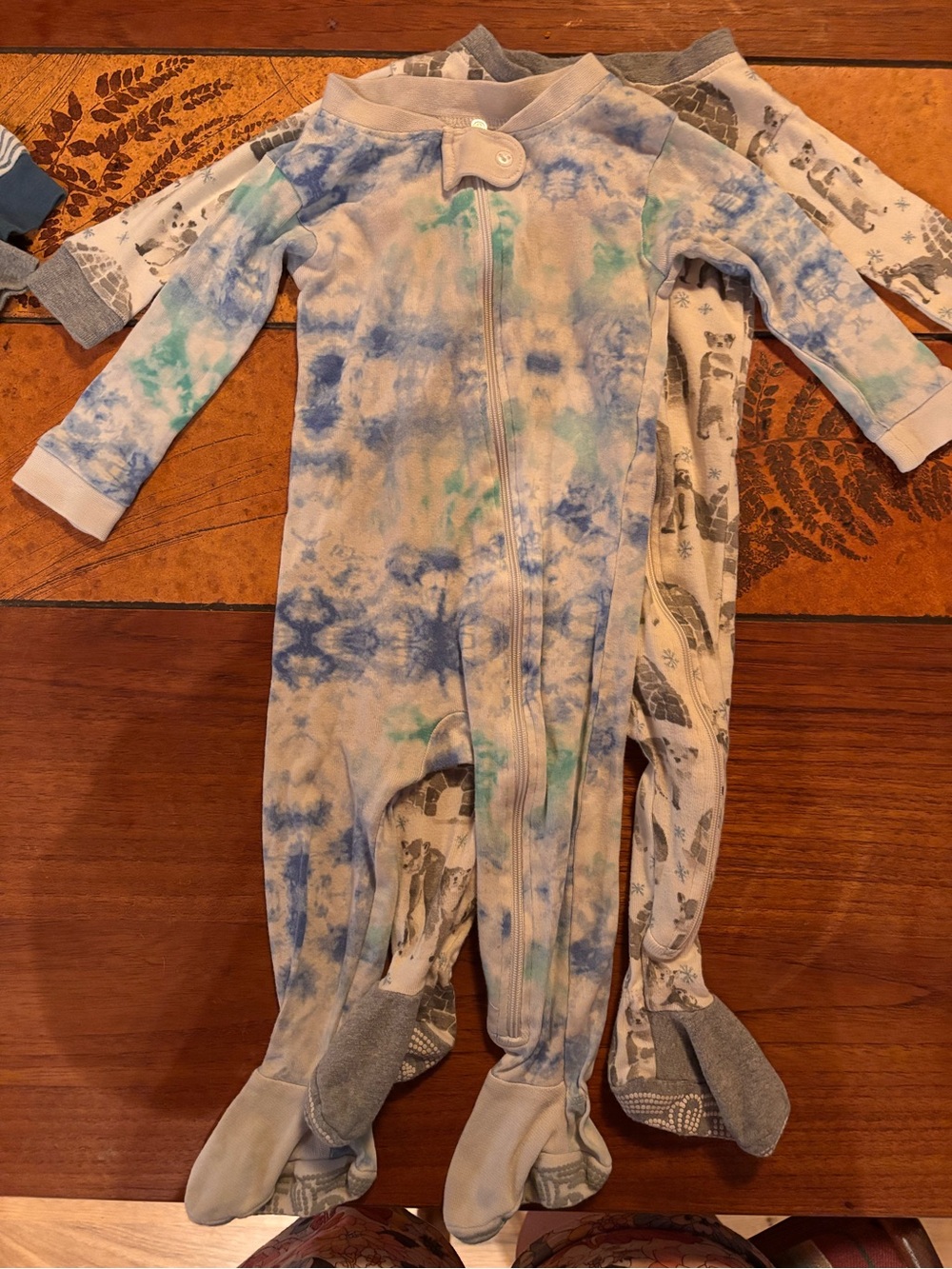 Baby Footed One-Piece Pajamas in Blue Tie-Dye and winter onesie bundle